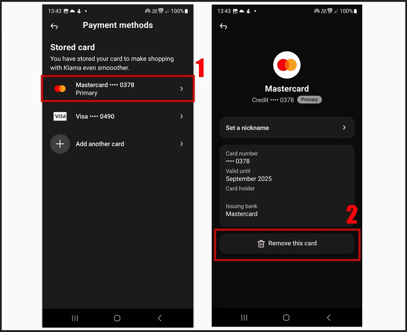 Click “Remove saved card” and confirm by selecting “Remove connected card”